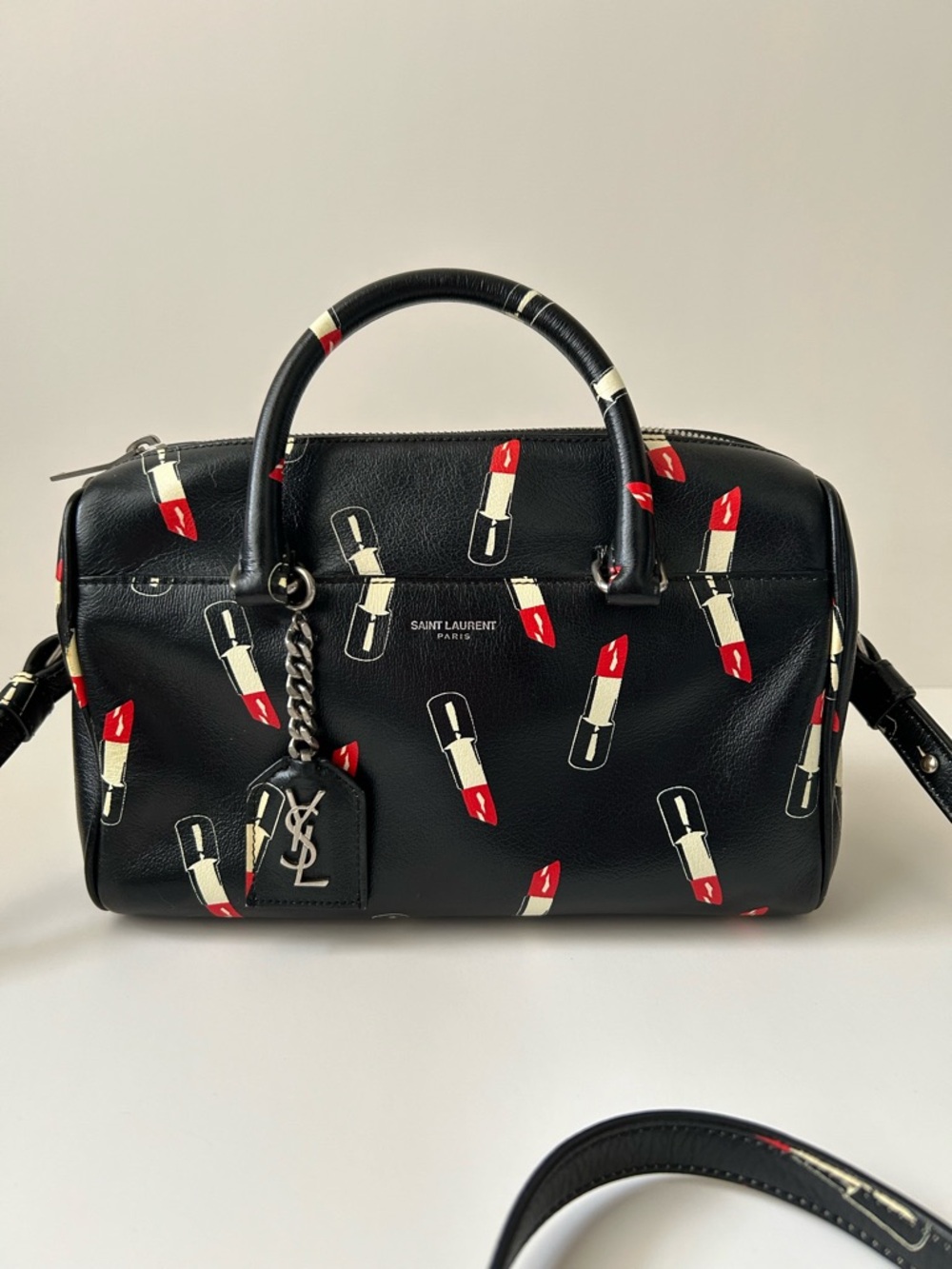 Saint Laurent Black Leather Satchel with Red Lipstick Print - Picture 2 of 4